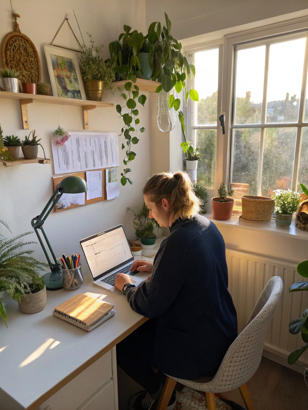 Solo small business owner working on laptop handling admin tasks and paperwork at desk